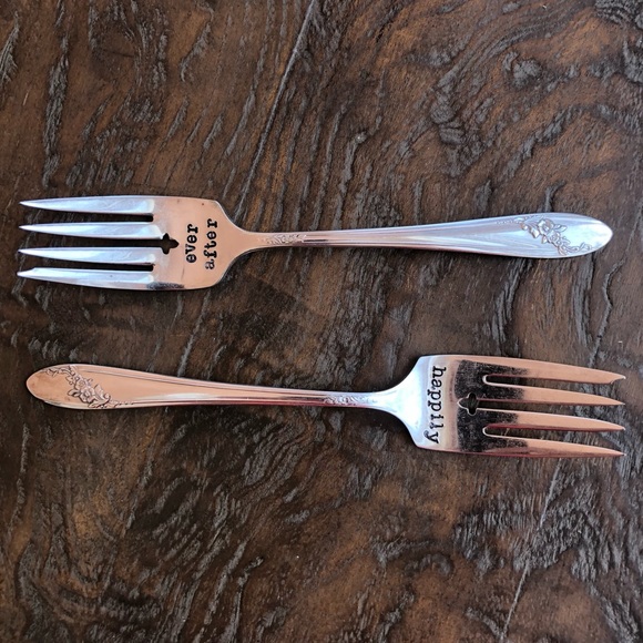 Hand-stamped silver plated forks & message “Happily”/“Ever After” when together - Picture 6 of 15